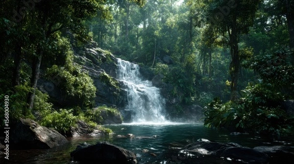 Fototapeta Tropical waterfall cascading into a pool surrounded by lush green vegetation and trees in a