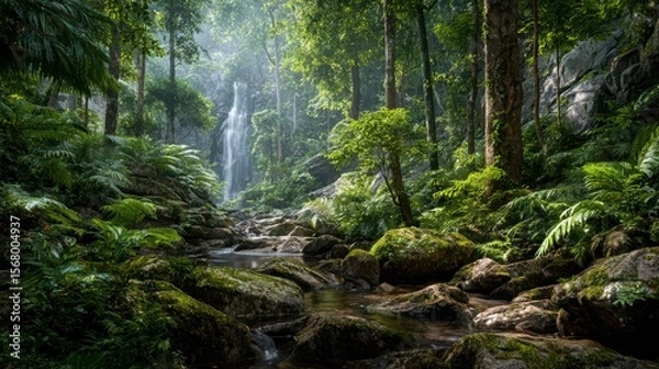 Fototapeta Lush green foliage including ferns surrounds a rocky stream with waterfall in a dense vibrant forest