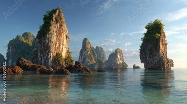 Fototapeta Limestone cliffs rise from calm turquoise water supporting greenery under a partly cloudy pale blue