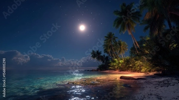 Fototapeta A tropical beach is illuminated by a full moon with visible stars and palm trees under a night sky