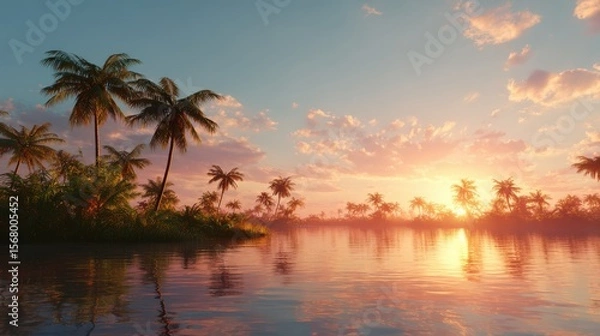 Fototapeta Tropical palm trees are silhouetted against a vibrant sunset sky reflected on the tranquil still