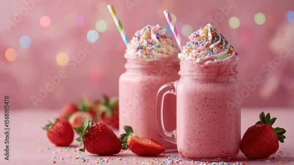 Fototapeta Two strawberry milkshakes topped with whipped cream and sprinkles in mason jar mugs on a pink