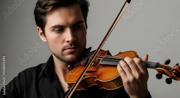 Fototapeta Young caucasian male playing violin with focused expression