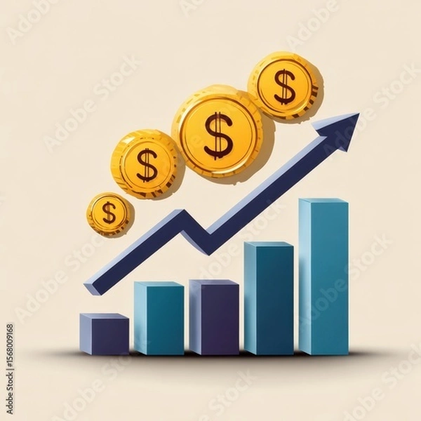 Fototapeta Financial growth chart with coins and upward arrow isolated on white background