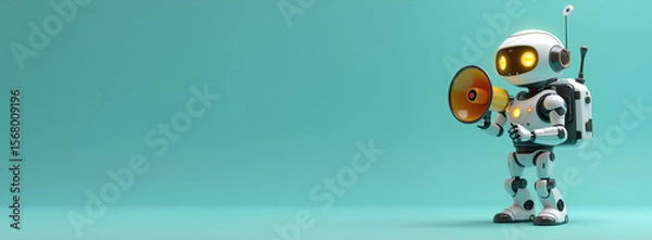 Fototapeta AI Robot Assistant Speaking Through Megaphone with Left Side Copy Space – Futuristic Communication Concept