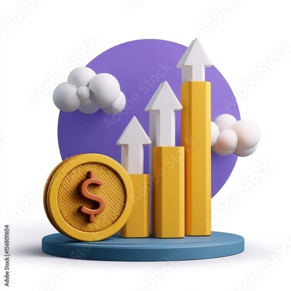 Fototapeta 3d rendered growth chart with dollar coin and clouds isolated on white background