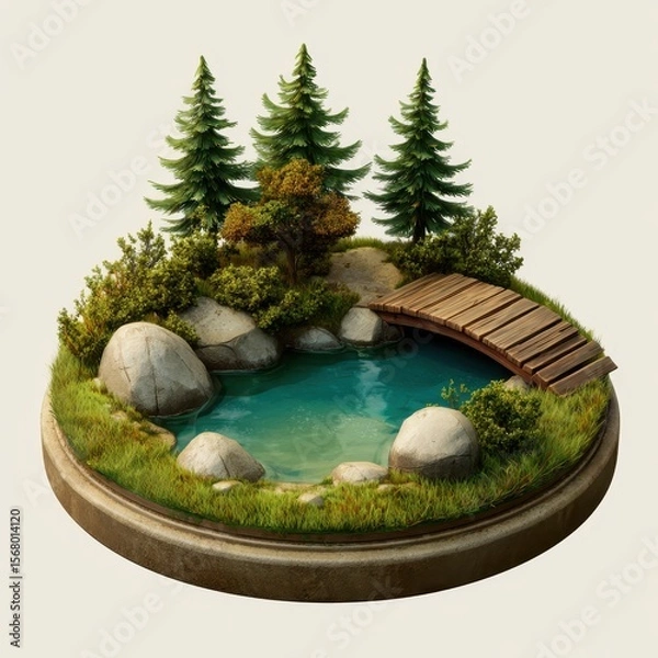 Fototapeta Miniature serene forest pond with wooden bridge isolated on white background