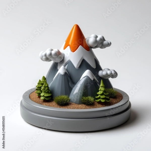Fototapeta Stylized miniature mountain landscape with trees and clouds isolated on white background