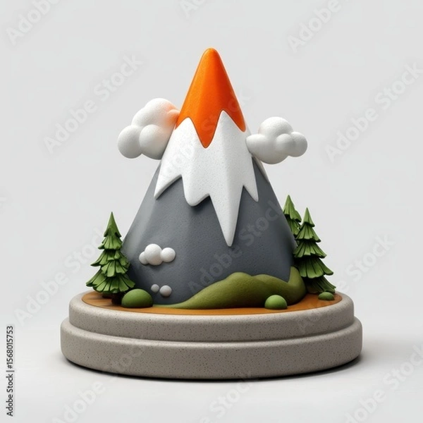 Fototapeta Stylized mountain with trees and clouds isolated on white background