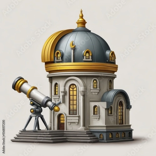 Fototapeta Ornate observatory building with telescope isolated on white background