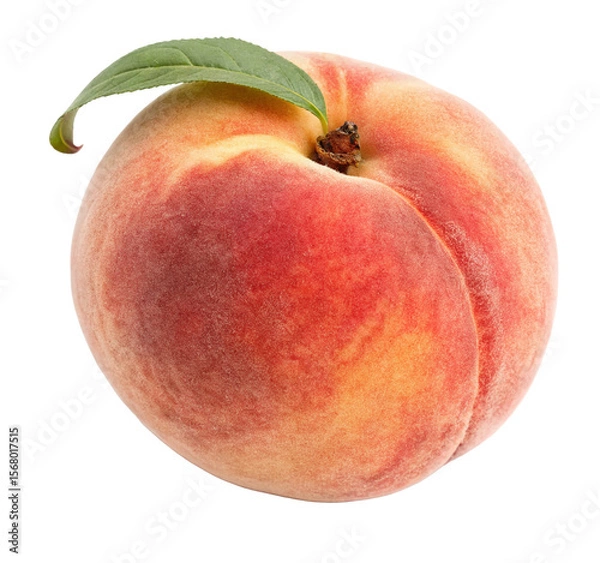 Fototapeta A single peach with a green leaf attached to the stem on a plain black background in close up view