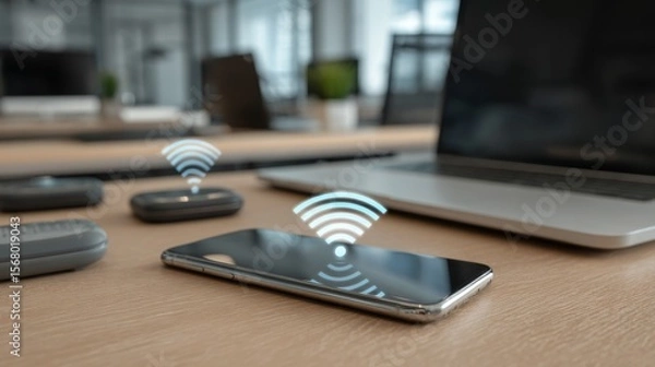 Fototapeta A close-up of a smartphone with visible wireless signals emanating from it, placed on a modern desk with a laptop and smart devices in the background.