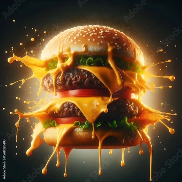 Fototapeta Juicy Burger with Cheese Splash