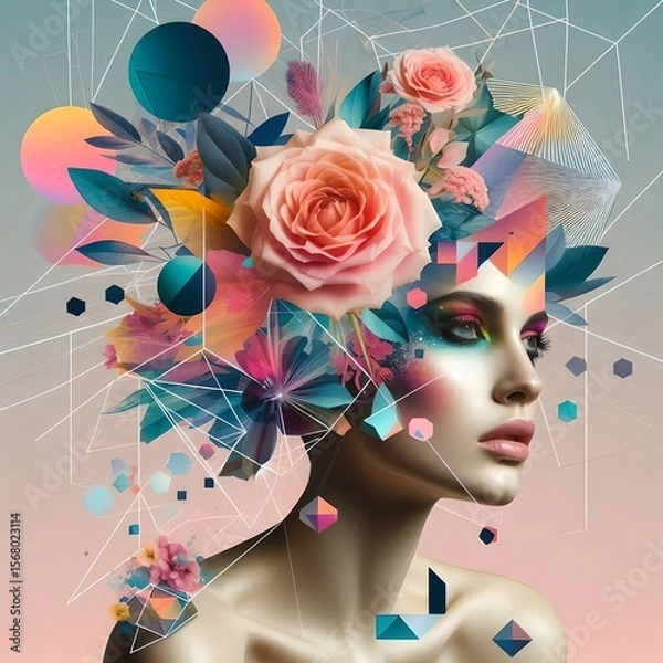 Fototapeta Surreal Portrait of a Woman with Abstract Floral Explosion