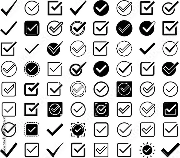 Fototapeta Mega Set of Check Mark Icons – Variety Pack Vector:
A large assortment of varied check mark icons in round and square styles, ideal for designers seeking a comprehensive set for digital projects.