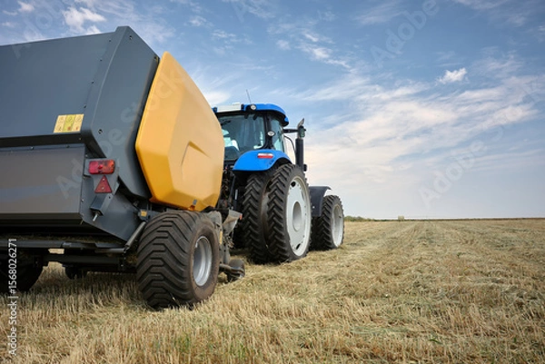 Fototapeta Tractor with equipment for collecting dry hay. Mown ears of wheat lie on the ground in a field.