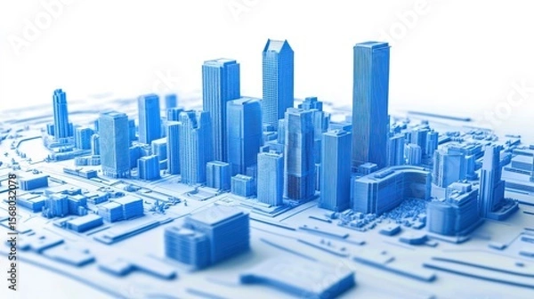 Fototapeta 3D Rendered Blue Metropolis Skyline, Detailed Architectural Model