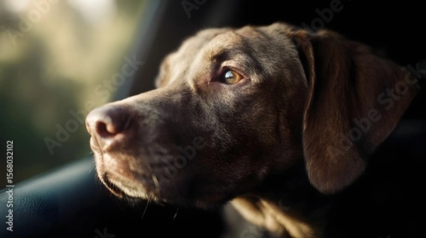 Fototapeta A dog riding in a car with its head out the window