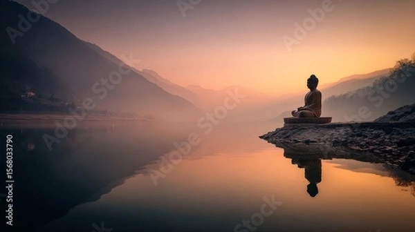 Fototapeta A serene silhouette of a Buddha statue perched on a rocky ledge overlooking a tranquil lake, with soft mist rising, creating a harmonious connection with nature.