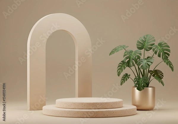 Fototapeta Minimalist Geometric Podium with Abstract Decor and Monstera Leaves