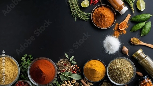 Fototapeta An artistic array of spices and herbs arranged beautifully.