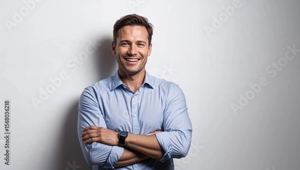 Fototapeta A joyful man smiling confidently in a casual outfit.