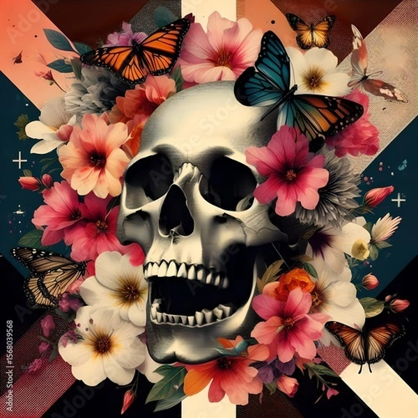 Fototapeta Floral Skull with Butterflies and Geometric Abstract Background