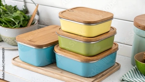 Obraz Stack of Reusable Lunch Tins with Wooden Lids in Various Colors,isolated, red, green, color, white, blue, colorful, container, plastic, yellow, object, 