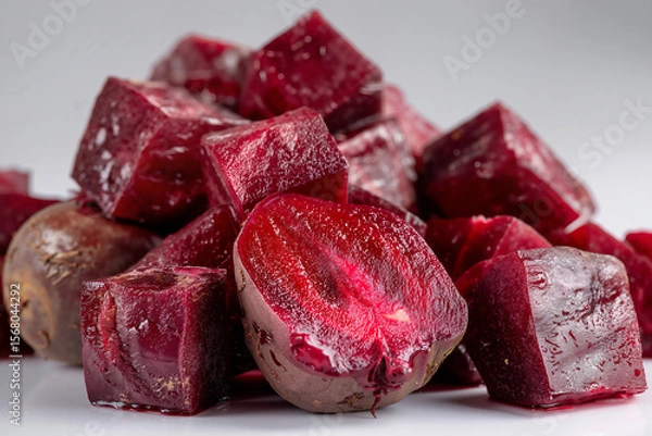 Fototapeta Close-up of vibrant red beetroot cubes with glossy texture on white surface
