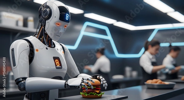Fototapeta Futuristic robot chef preparing a delicious hamburger in a modern restaurant kitchen