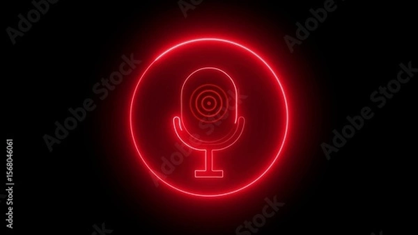 Fototapeta Red Neon Microphone Icon Inside Circle on Black Background