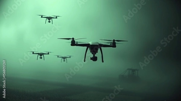 Obraz Drones Swarm Misty Field.