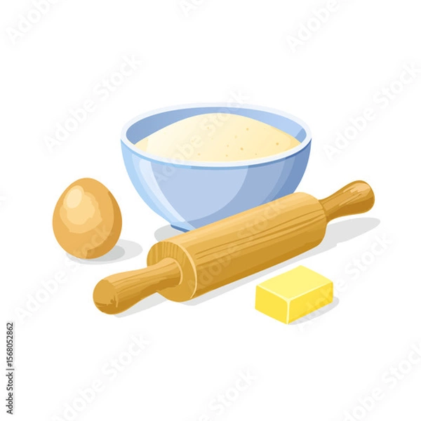 Obraz Baking ingredients: flour, egg, butter, and rolling pin still life