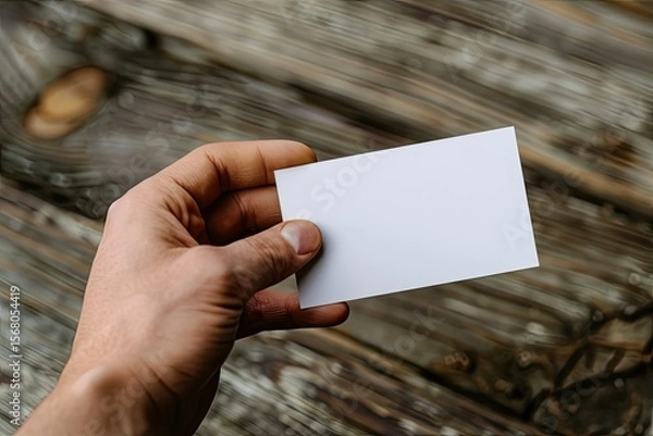Obraz High Detail Image of Business Card Mockup Held by a Hand on a Wooden Table