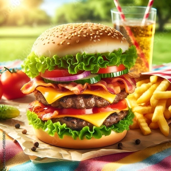 Fototapeta Delicious Double Cheeseburger with Fries and Soda in a Picnic Setting