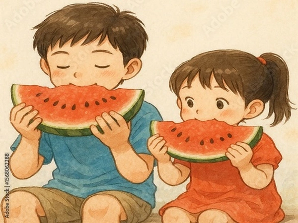 Obraz スイカを食べる兄妹