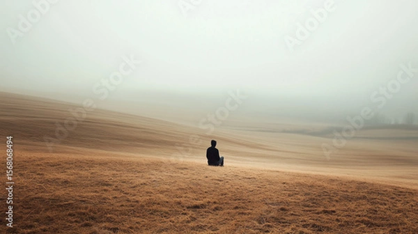 Fototapeta A serene moment of solitude captures a man sitting in a vast, open field bathed in soft, hazy sunlight, evoking peace and quiet.