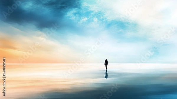 Fototapeta A solitary figure walks towards the horizon, offering a sense of ambition, freedom, and personal growth against a serene sky.