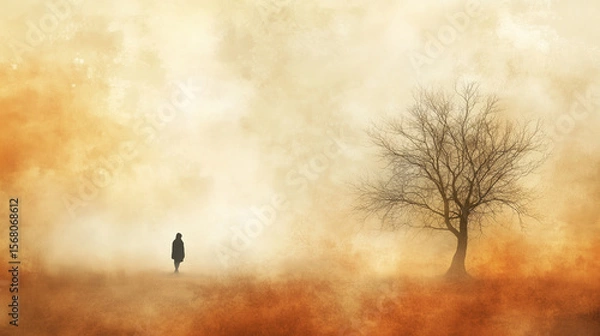 Fototapeta Silhouette of a lone figure walking towards a stark bare tree against a hazy, dreamlike orange and beige landscape background.