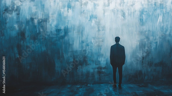 Fototapeta Contemplative man stands before an expressive blue textured wall, portraying introspection and solitary reflection in a minimalist setting.
