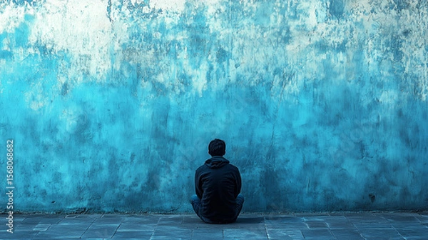 Fototapeta A solitary figure sits against a textured blue wall, evoking introspection, loneliness, and artistic urban backgrounds.