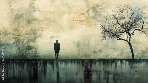 Fototapeta Solitary figure stands before an aged textured wall next to a bare tree, embodying solitude and a melancholic mood.