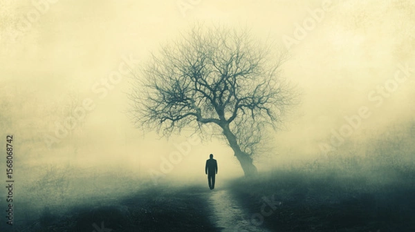 Fototapeta A lone figure walks toward a bare tree shrouded in an atmospheric fog, creating a sense of mystery and solitary reflection.