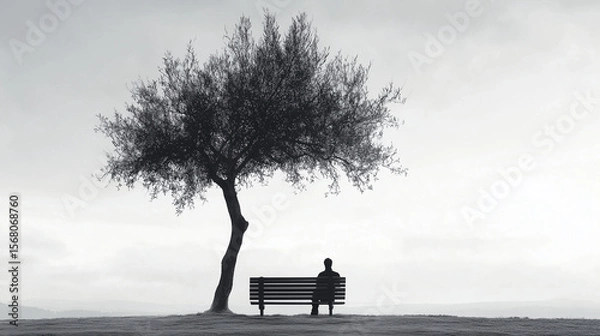 Fototapeta Solitude finds peace as a man sits on a park bench beneath a majestic tree, rendered in timeless black and white.