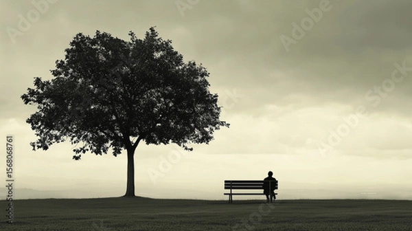Fototapeta Solitary figure rests on a bench beneath a sprawling tree in a monochrome landscape, evoking serenity and introspection.