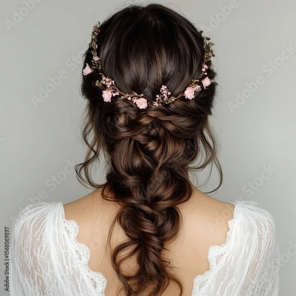 Fototapeta Back view of a woman with dark brown curly hair styled in soft waves and a crown braid. Elegant romantic hairstyle on neutral background, perfect for special occasions.