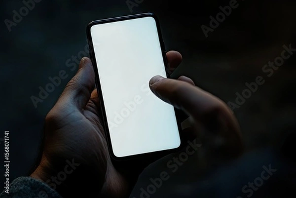 Obraz Ultra Hd Visual of a Mans Hand Clicks on a Blank Smartphone with Black Border with Thumb