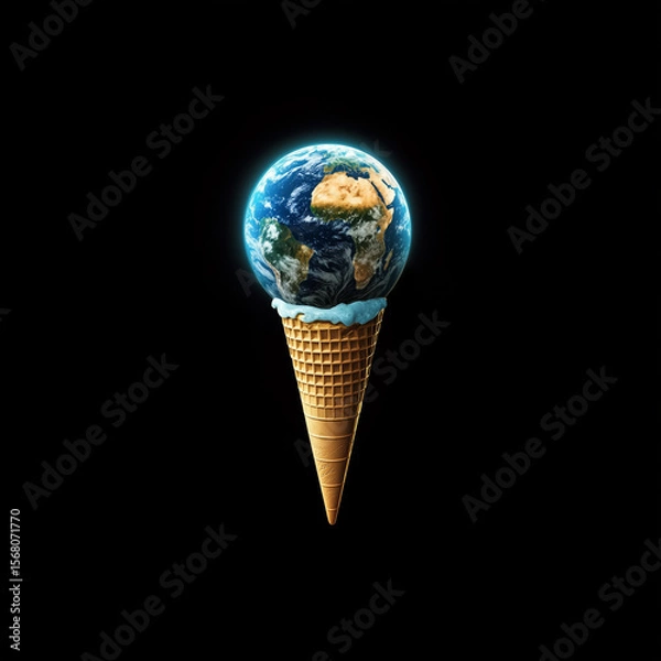 Fototapeta Realistic Earth in ice cream cone on black background