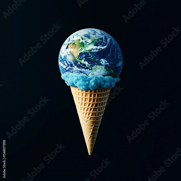 Fototapeta Planet Earth as ice cream cone with dark background