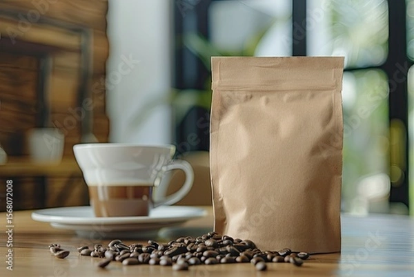 Obraz Detailed Image of a Bag of Coffee Sitting on a Table with Coffee Beans